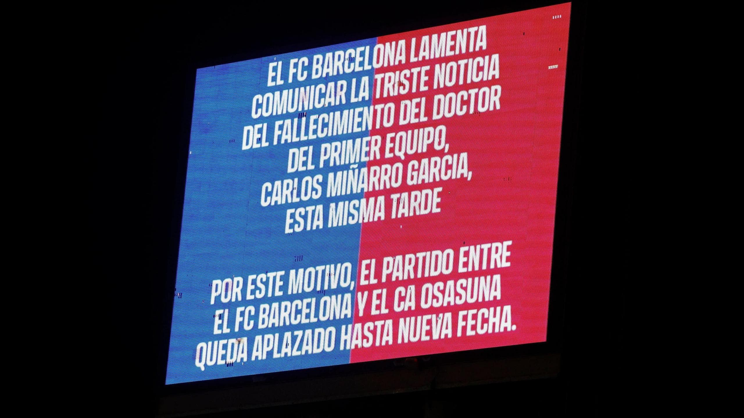 Barcelona match against Osasuna on Saturday postponed after death of club’s first-team doctor